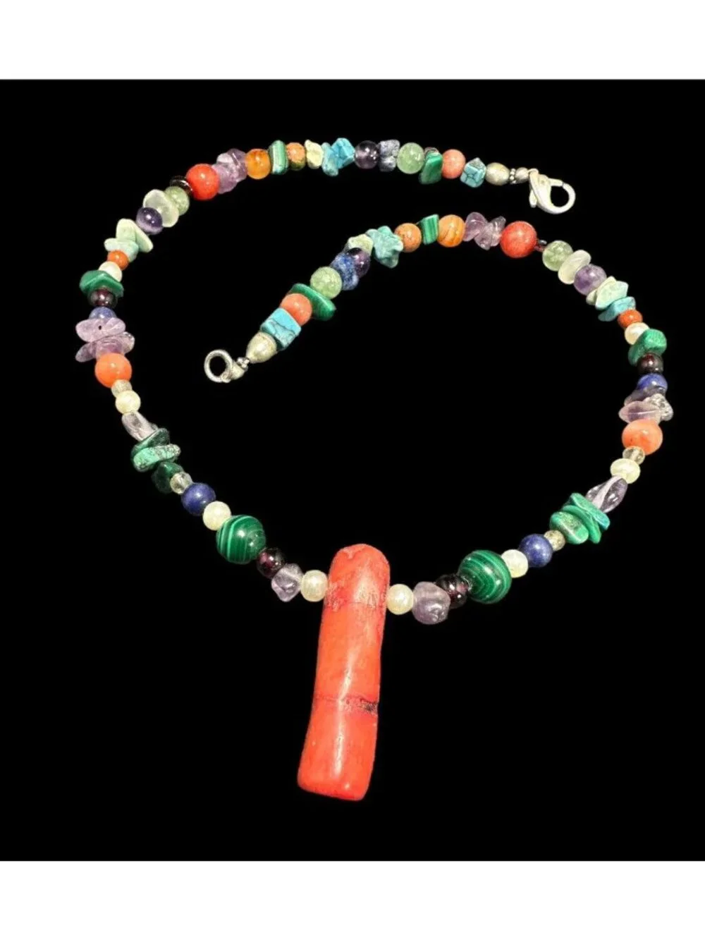 Southwestern Multi Gemstone Beaded Necklace 925 Clasp Coral Statement Pendant